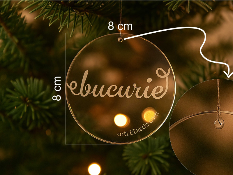 Glob din plexiglas gravat „Bucurie” – decor elegant pentru bradul de Crăciun